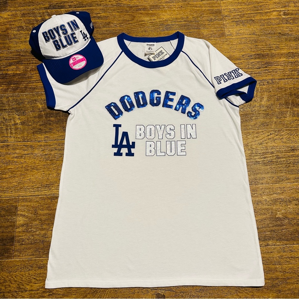 VS PINK MLB LOS ANGELES DODGERS BLING RINGER TEE & BASEBALL HAT NWT